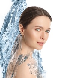 Attractive woman and splashes of water on white background