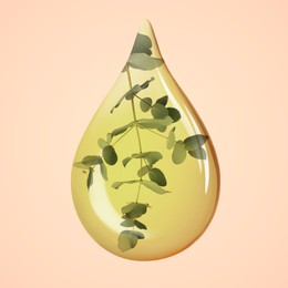 Image of Eucalyptus oil drop with branch inside on beige pink background