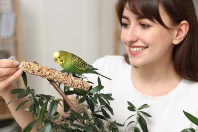Photo of Woman feeding bright parrot with bird treat indoors. Exotic pet