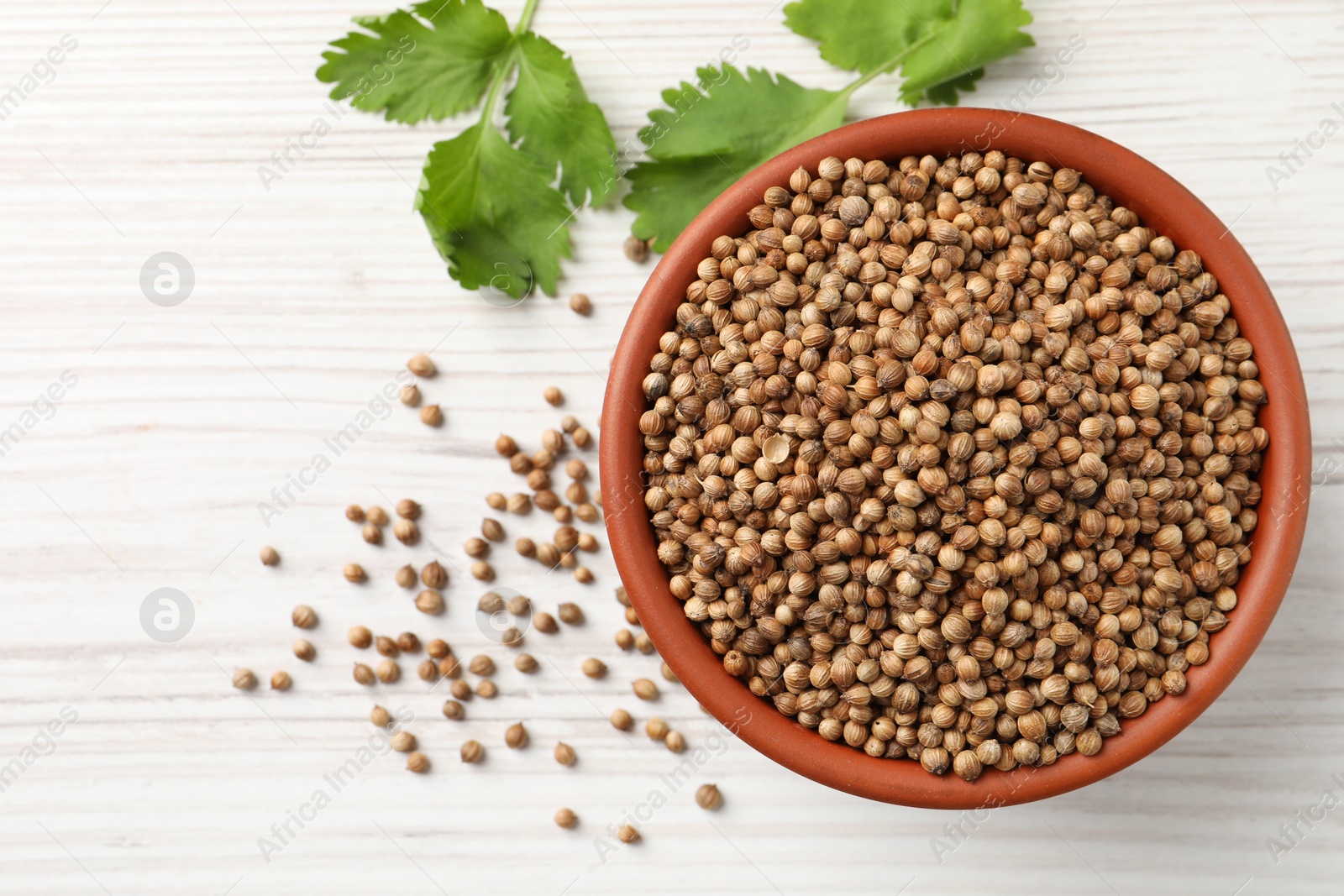 Photo of Dried coriander seeds in bowl and green leaves on wooden table, flat lay