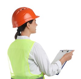 Photo of Engineer in hard hat with clipboard on white background