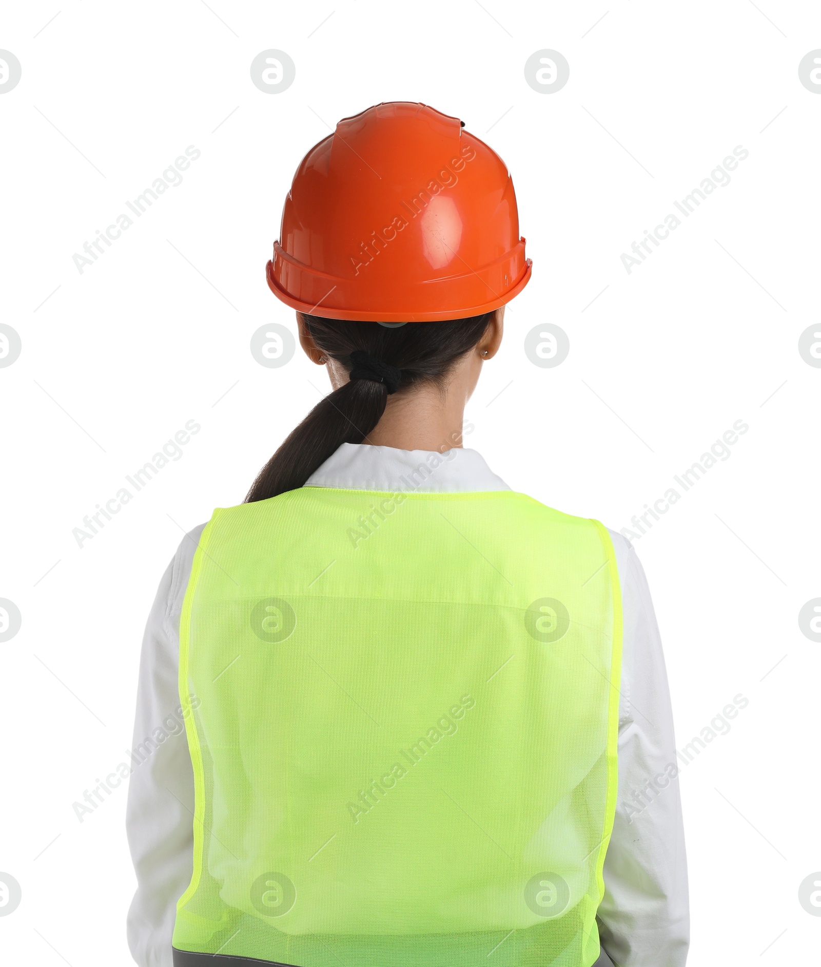 Photo of Engineer in hard hat on white background, back view