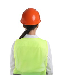 Engineer in hard hat on white background, back view