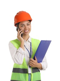 Engineer in hard hat with clipboard talking on smartphone against white background