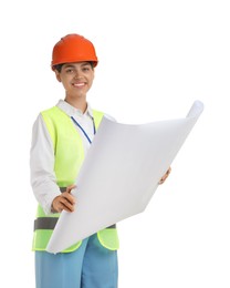 Photo of Engineer in hard hat with draft on white background