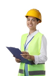 Engineer in hard hat with clipboard on white background