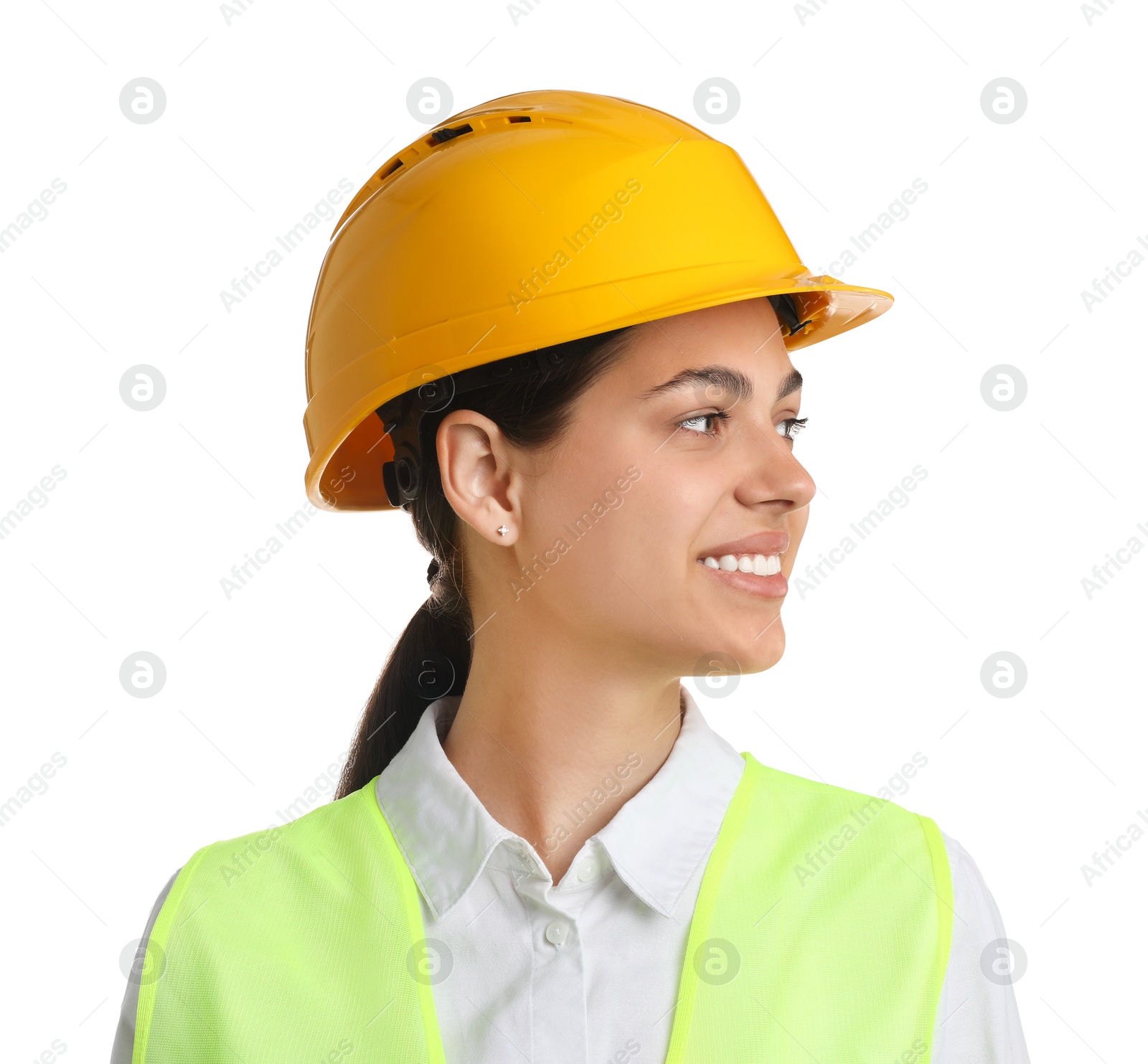 Photo of Engineer in hard hat on white background