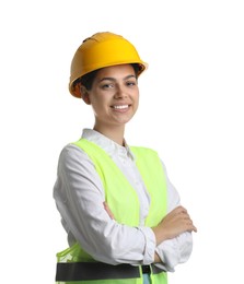 Photo of Engineer in hard hat on white background