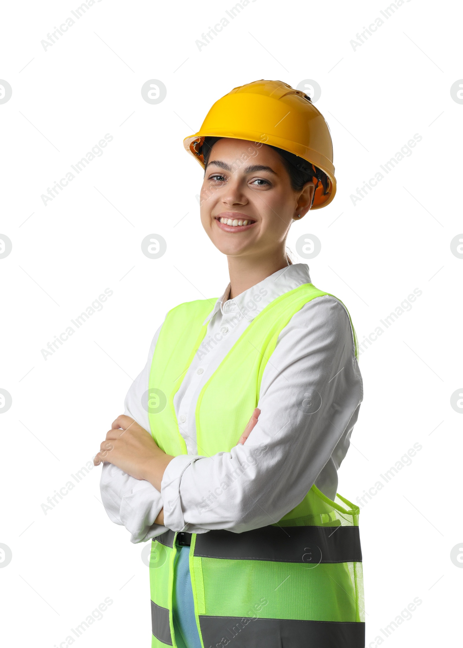 Photo of Engineer in hard hat on white background