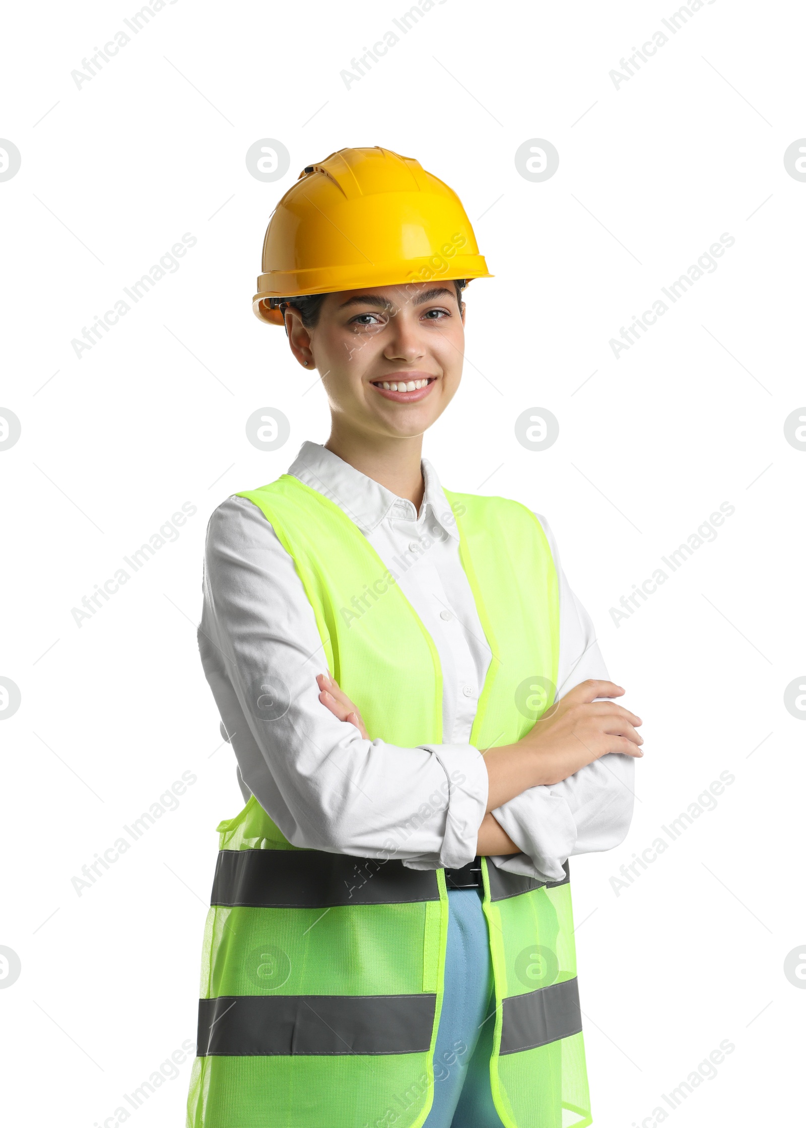 Photo of Engineer in hard hat on white background