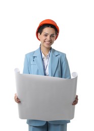 Photo of Engineer in hard hat with draft on white background