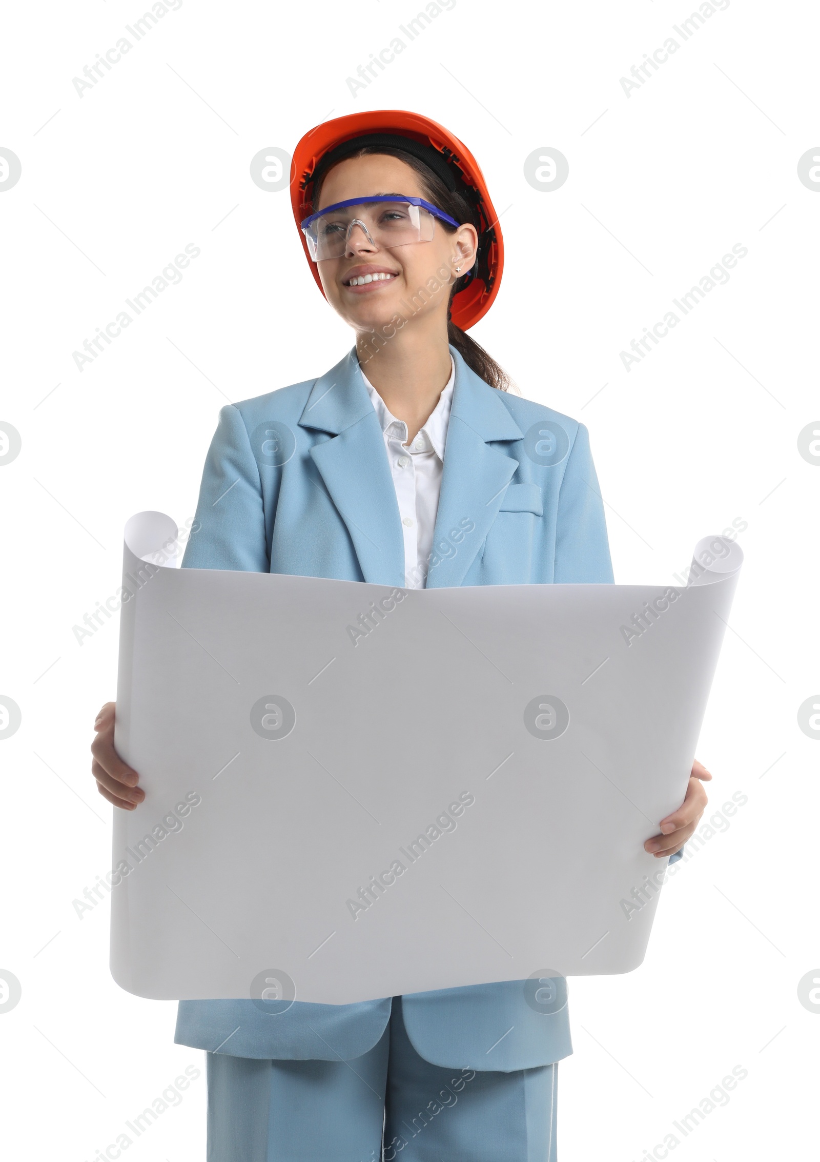 Photo of Engineer in hard hat with draft on white background