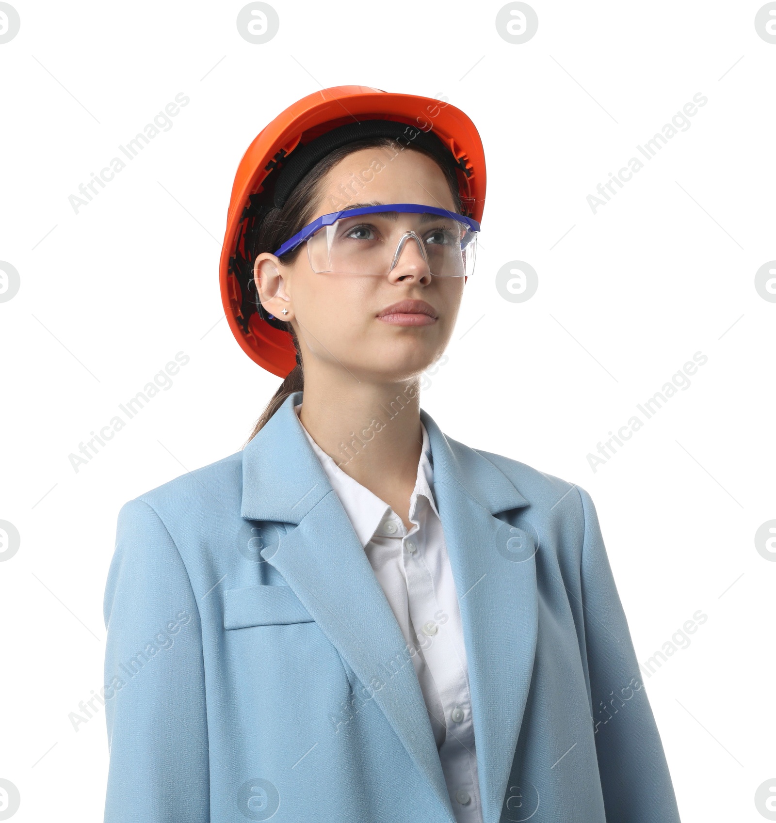 Photo of Engineer in hard hat and goggles on white background