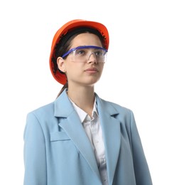 Photo of Engineer in hard hat and goggles on white background