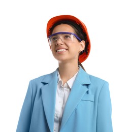 Photo of Engineer in hard hat and goggles on white background