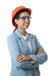 Photo of Engineer in hard hat and goggles on white background