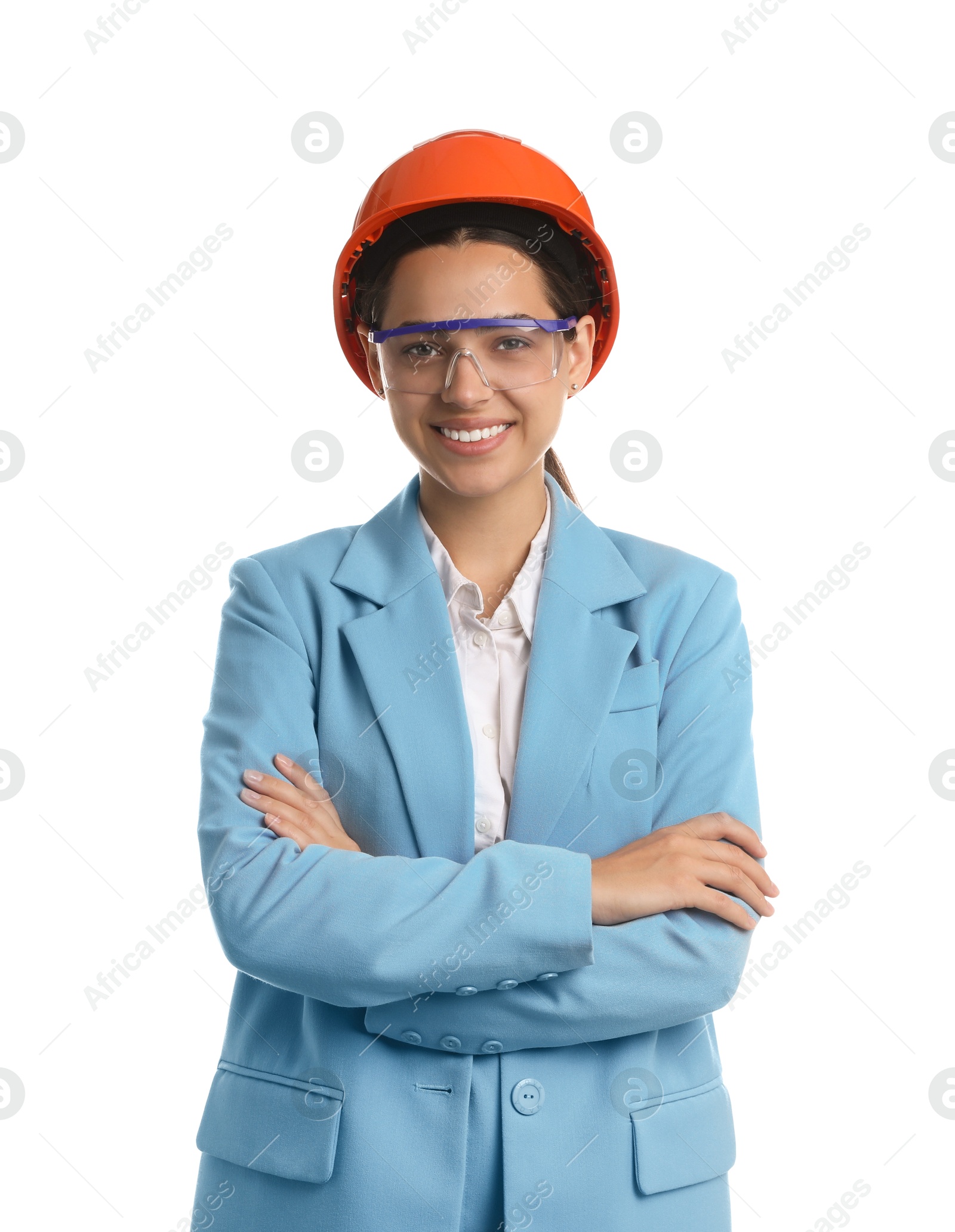 Photo of Engineer in hard hat and goggles on white background