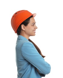 Photo of Engineer in hard hat on white background