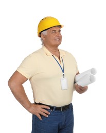 Photo of Engineer in hard hat with drafts on white background