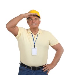 Photo of Engineer in hard hat on white background