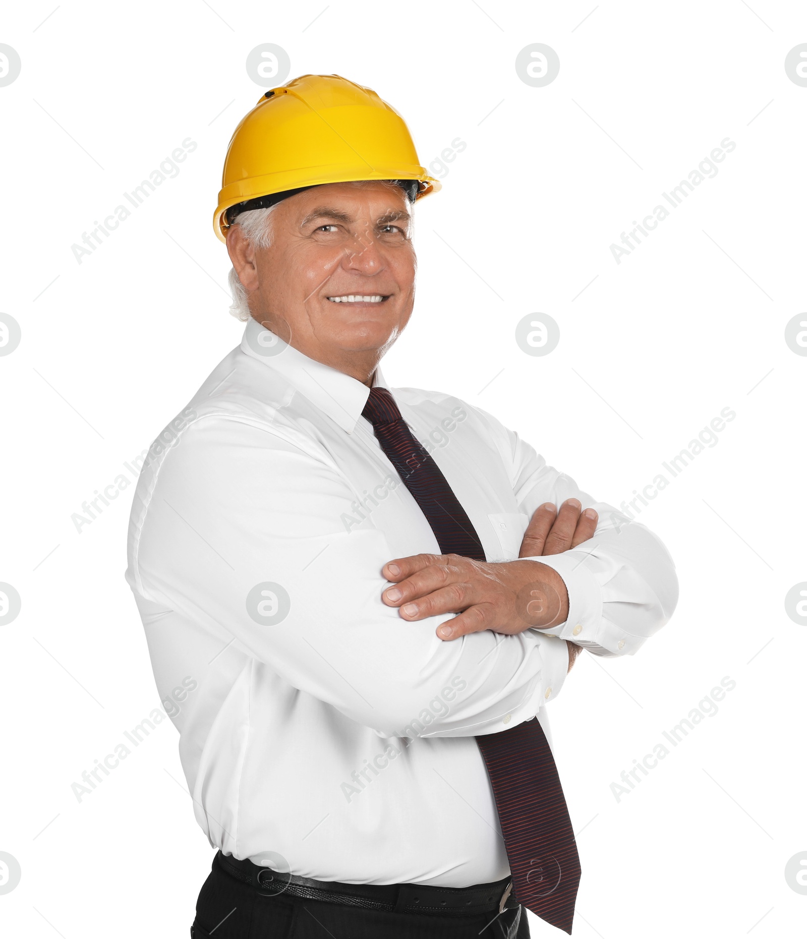 Photo of Engineer in hard hat on white background