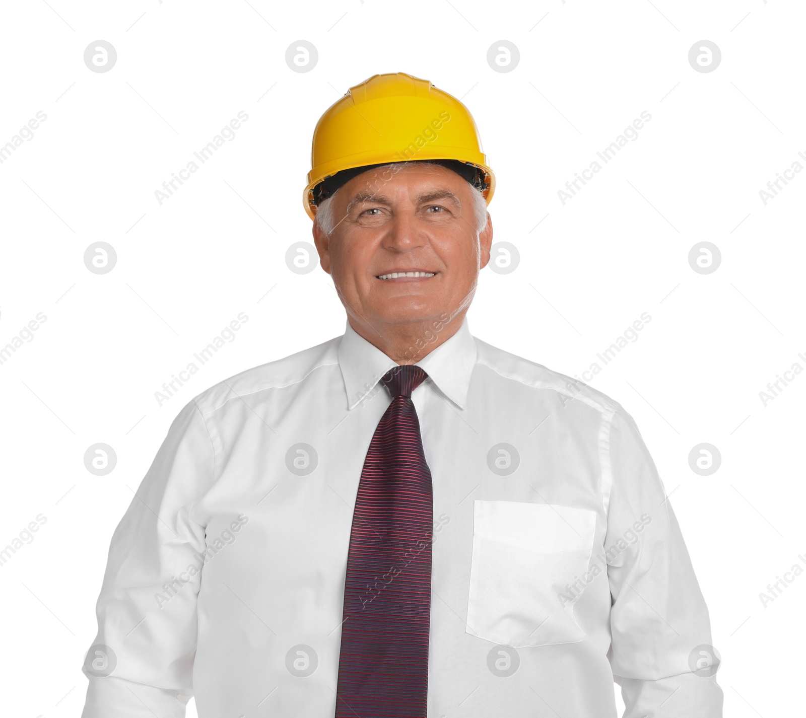 Photo of Engineer in hard hat on white background