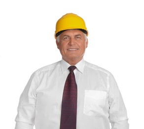 Photo of Engineer in hard hat on white background