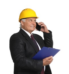 Engineer in hard hat with clipboard talking on smartphone against white background