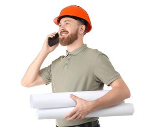 Engineer in hard hat with drafts talking on smartphone against white background