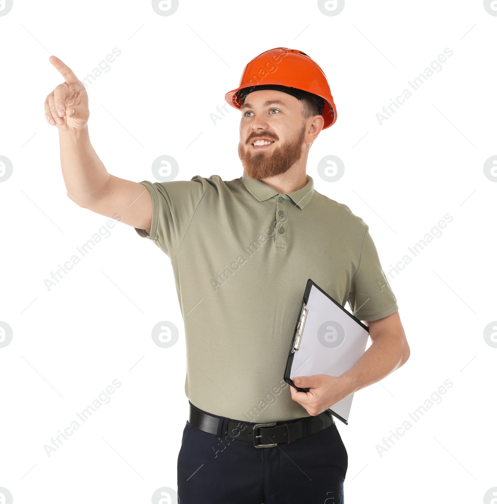 Photo of Engineer in hard hat with clipboard pointing at something on white background