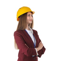 Photo of Engineer in hard hat on white background