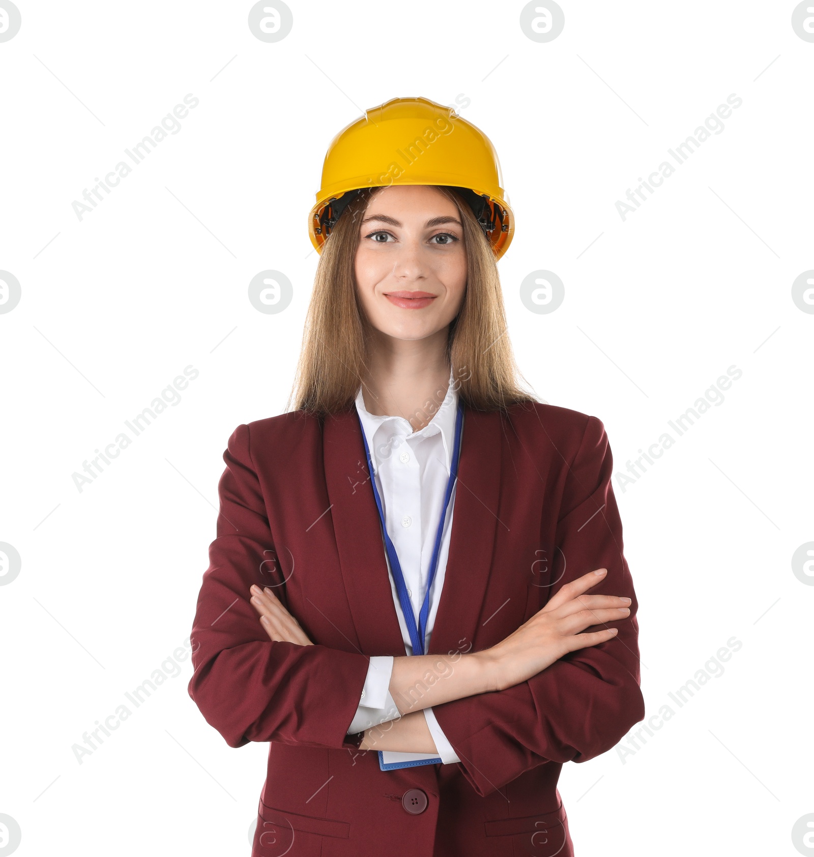 Photo of Engineer in hard hat on white background