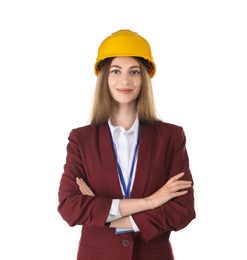 Engineer in hard hat on white background