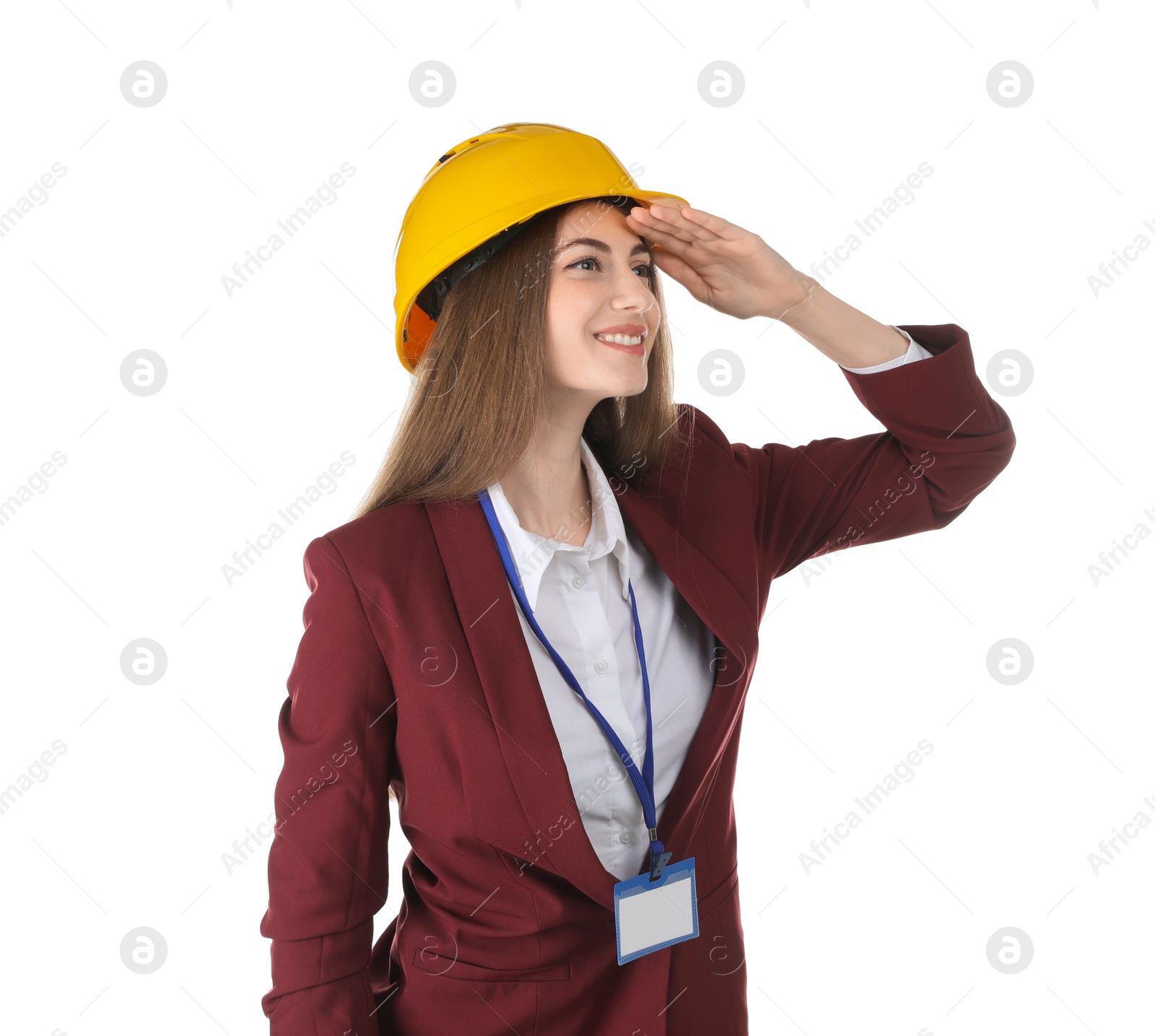 Photo of Engineer in hard hat on white background