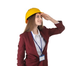 Photo of Engineer in hard hat on white background