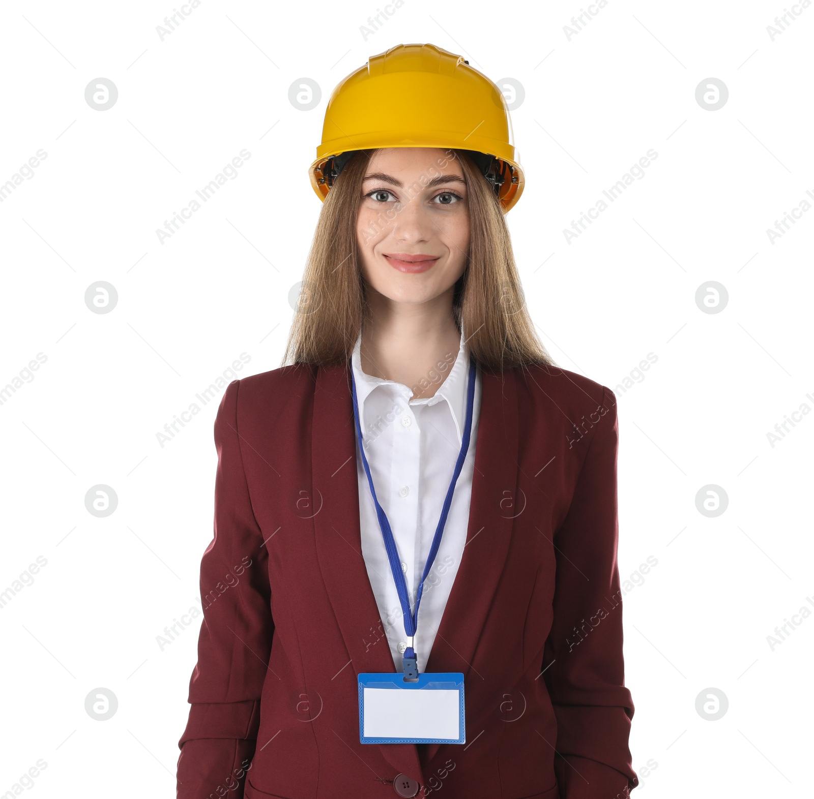 Photo of Engineer in hard hat on white background