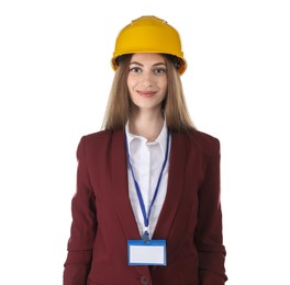 Photo of Engineer in hard hat on white background