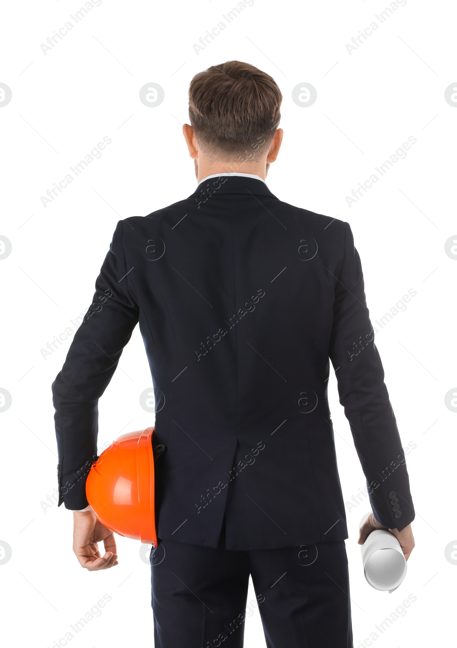 Photo of Engineer with hard hat and draft on white background