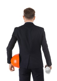 Engineer with hard hat and draft on white background