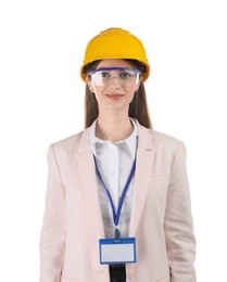 Photo of Engineer in hard hat and goggles on white background