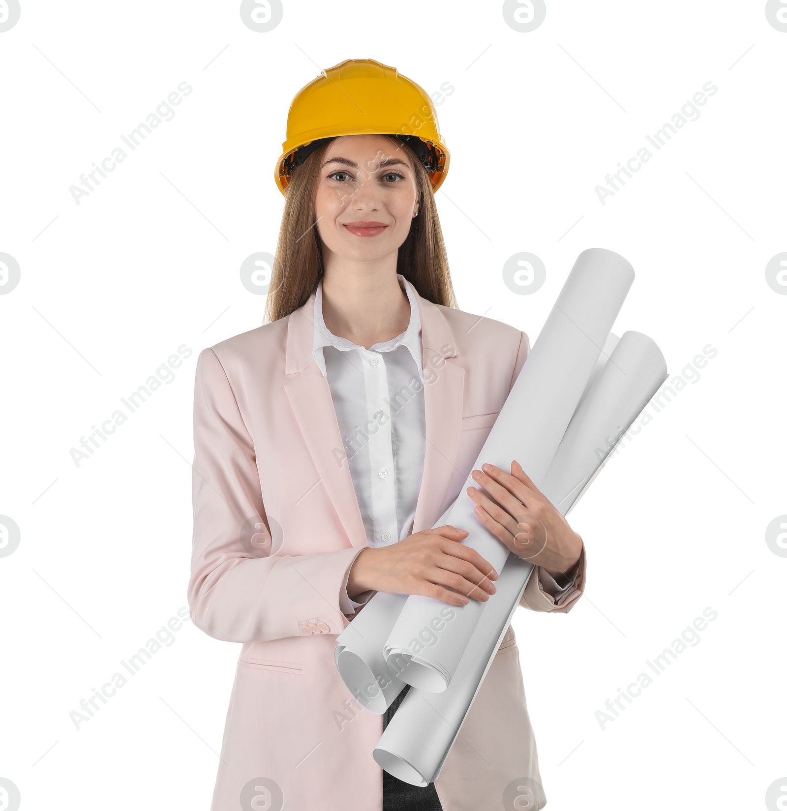 Photo of Engineer in hard hat with drafts on white background