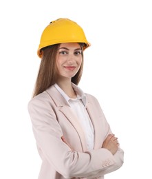 Photo of Engineer in hard hat on white background