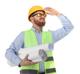 Engineer in hard hat and protective glasses with drafts on white background