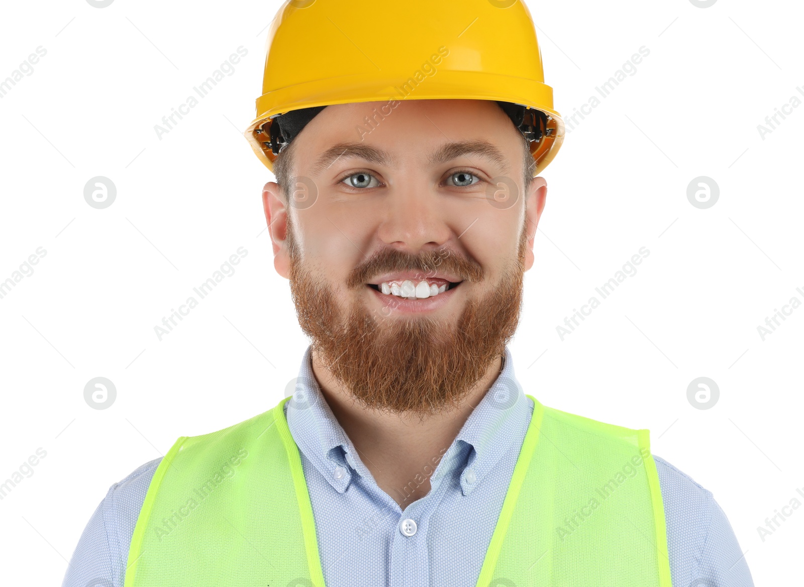 Photo of Engineer in hard hat on white background