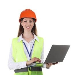 Engineer in hard hat with laptop on white background