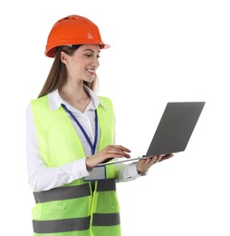 Photo of Engineer in hard hat with laptop on white background