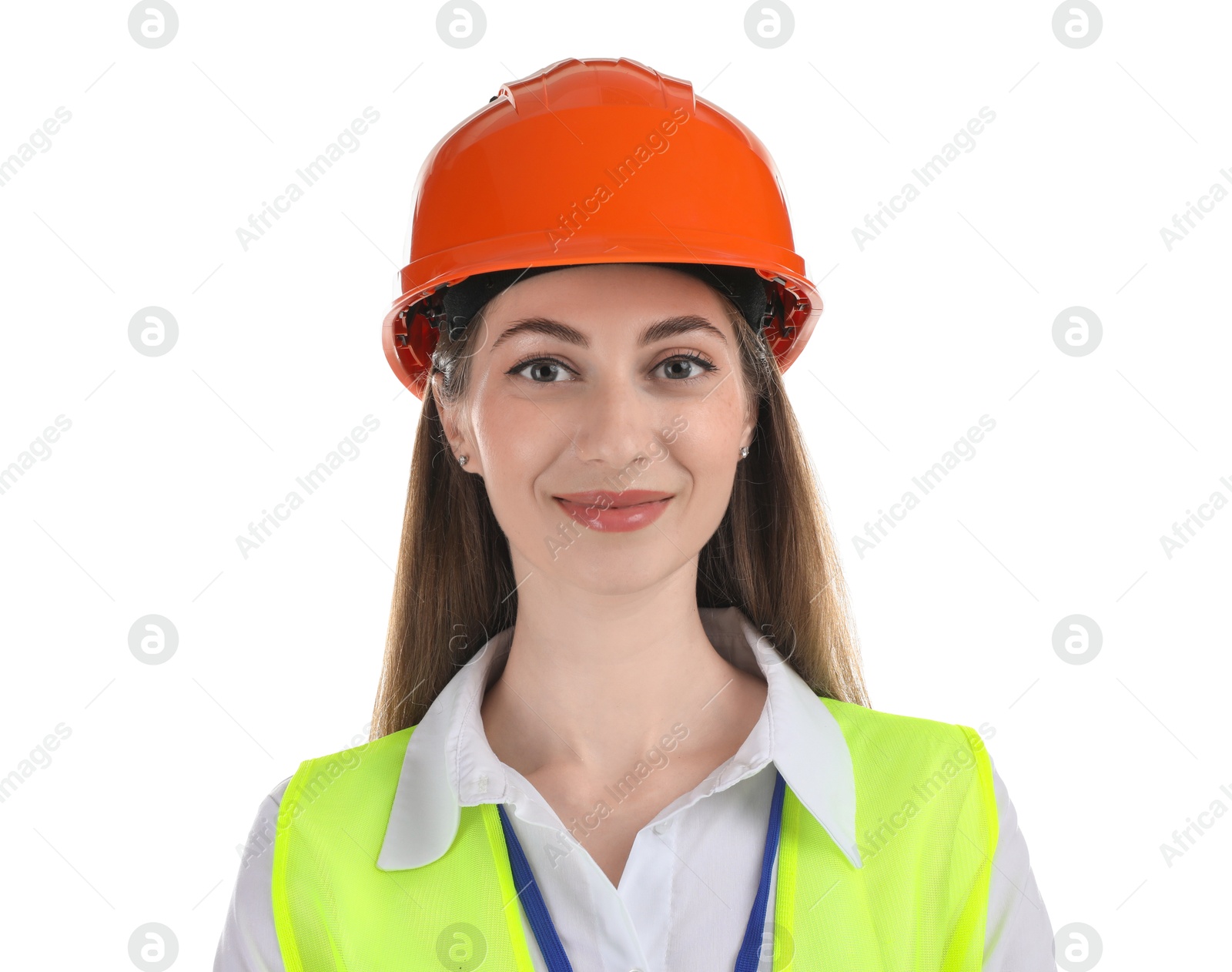 Photo of Engineer in hard hat on white background