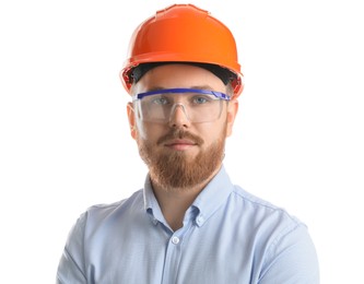 Photo of Engineer in hard hat and goggles on white background