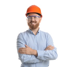 Engineer in hard hat and goggles on white background