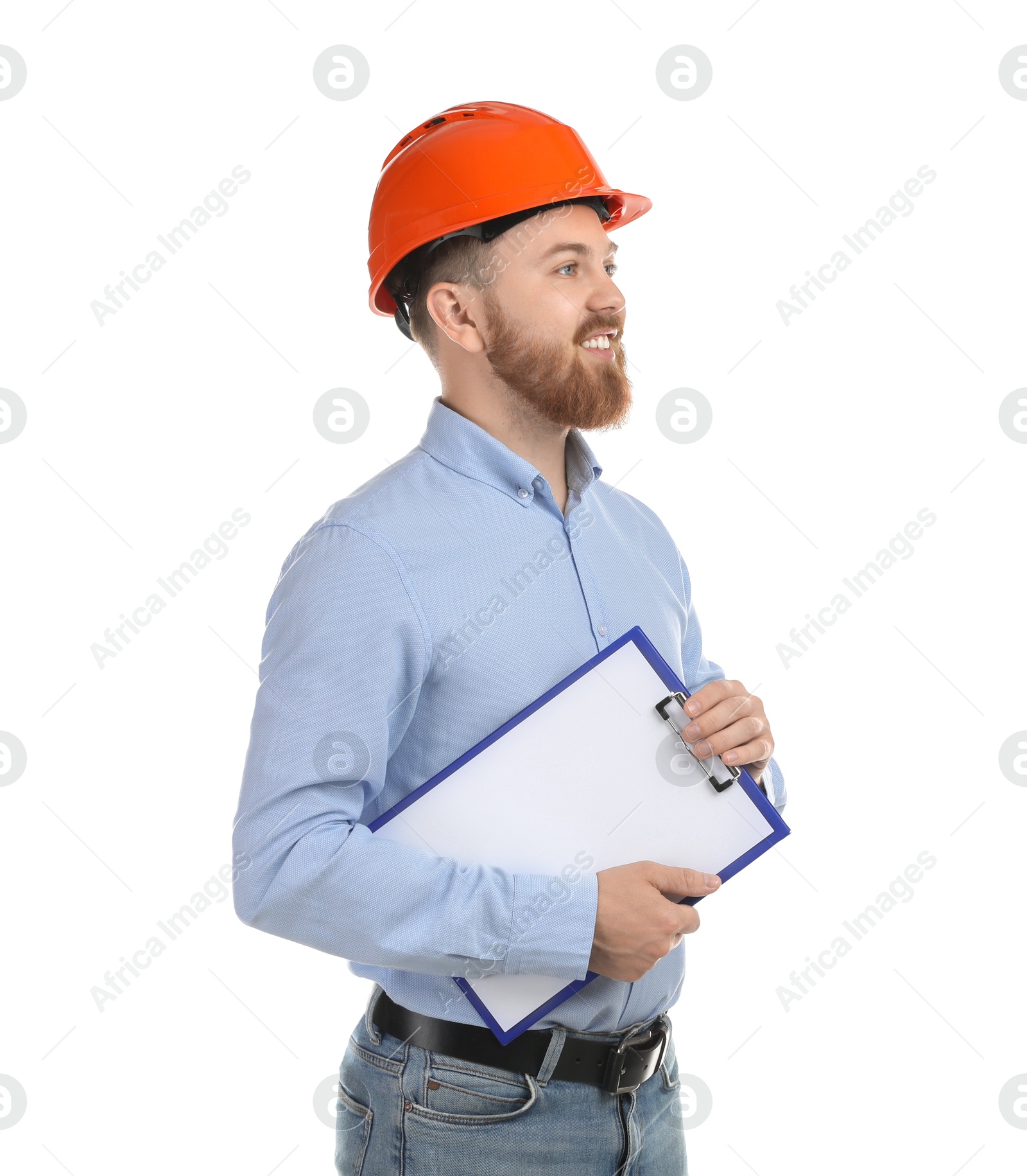 Photo of Engineer in hard hat with clipboard on white background